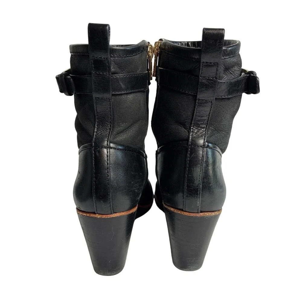 Tory Burch Black Leather‎ Wedge Ankle Boots Gold Logo Buckle Shearling Lined 8.5